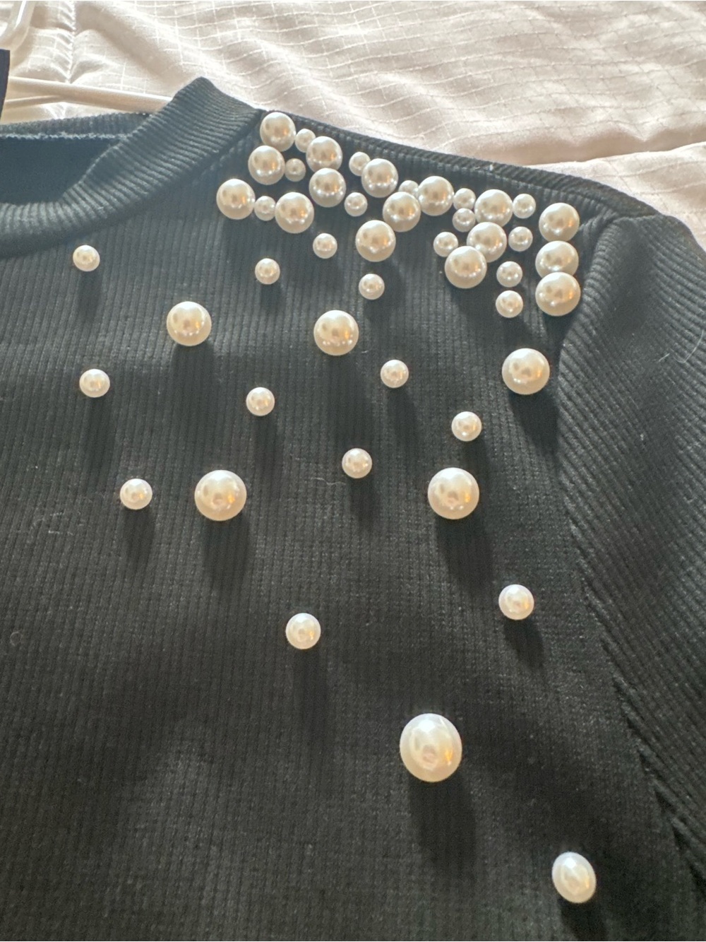SHEIN Black Long Sleeve Top with Pearl Shoulder Embellishment - Picture 2 of 4